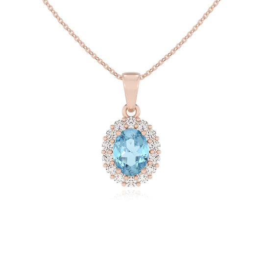 lab grown aquamarine oval solitaire necklaces in rose gold