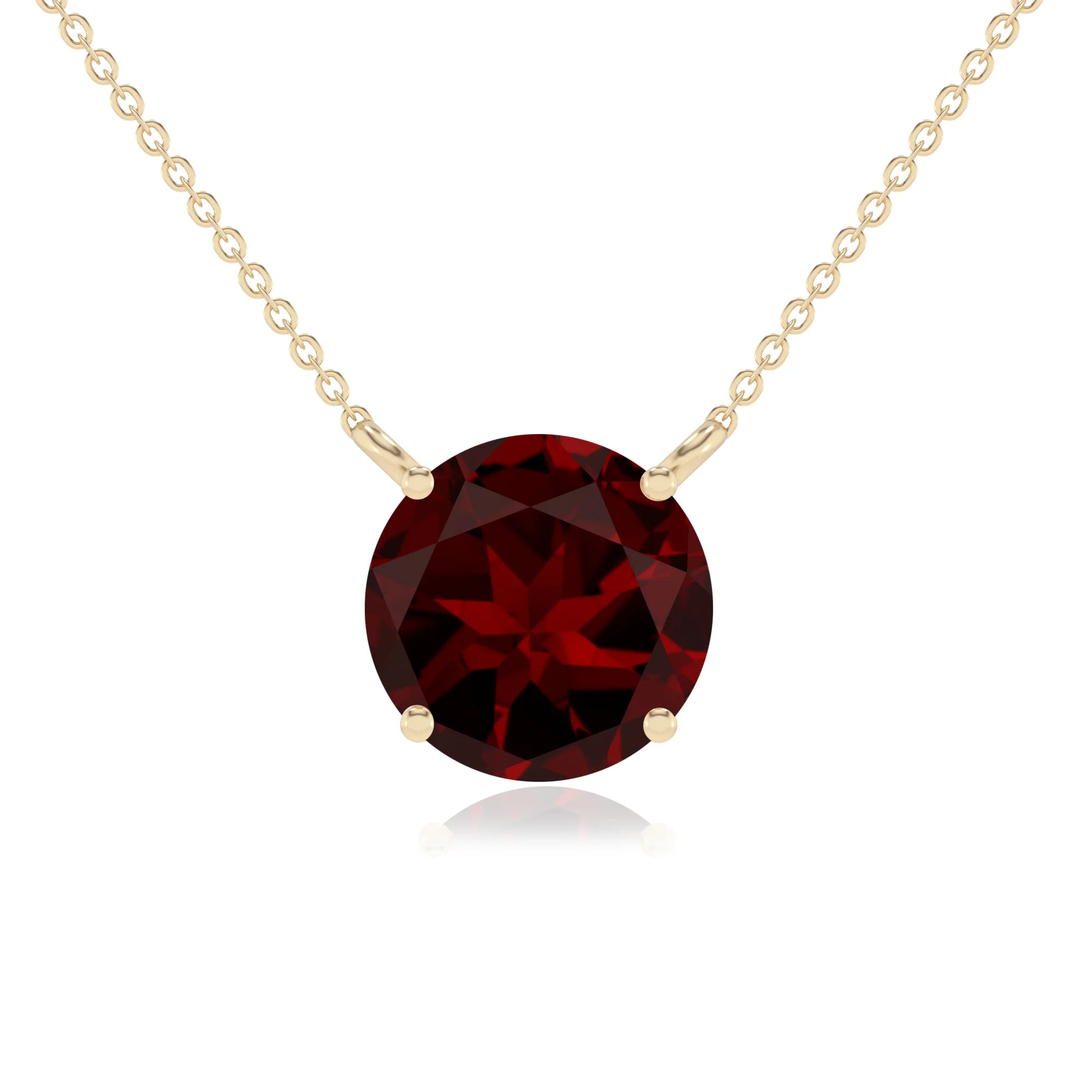 natural garnet round solitaire necklaces in yellow gold