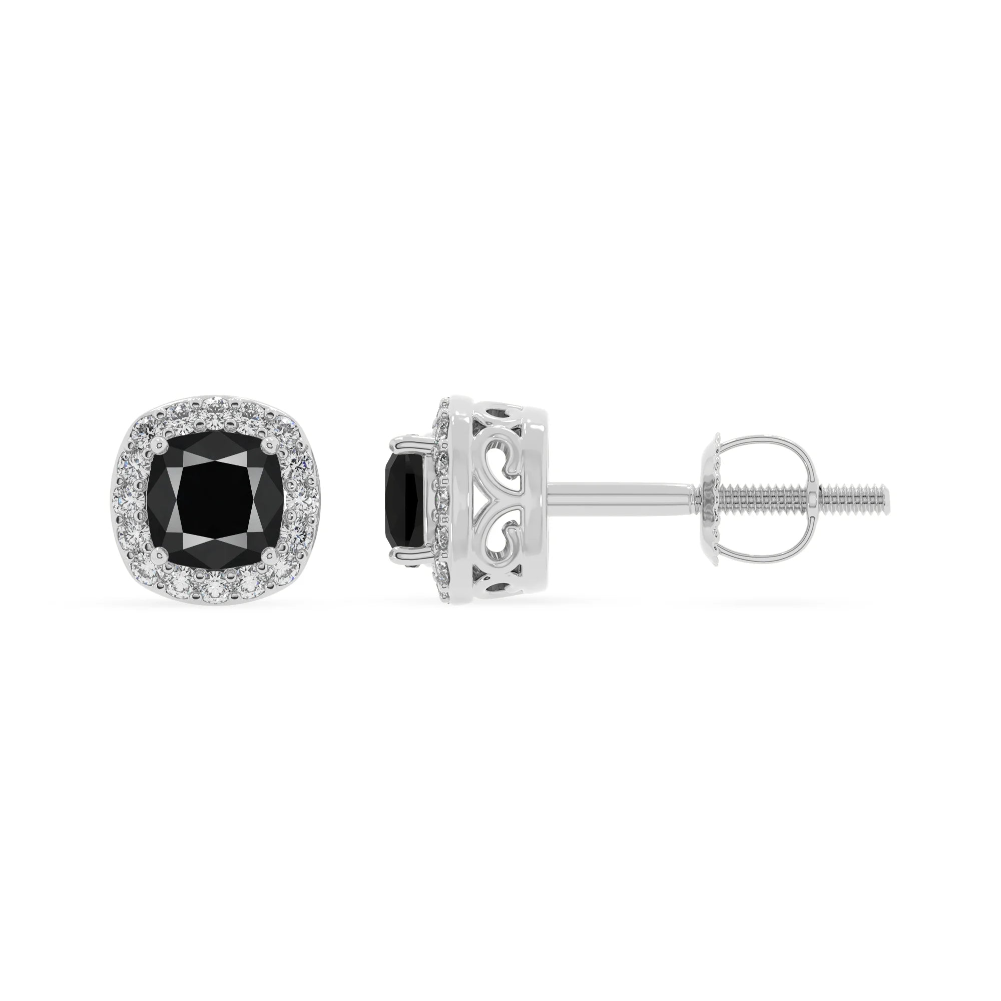 natural black onyx cushion stud earrings in platinum