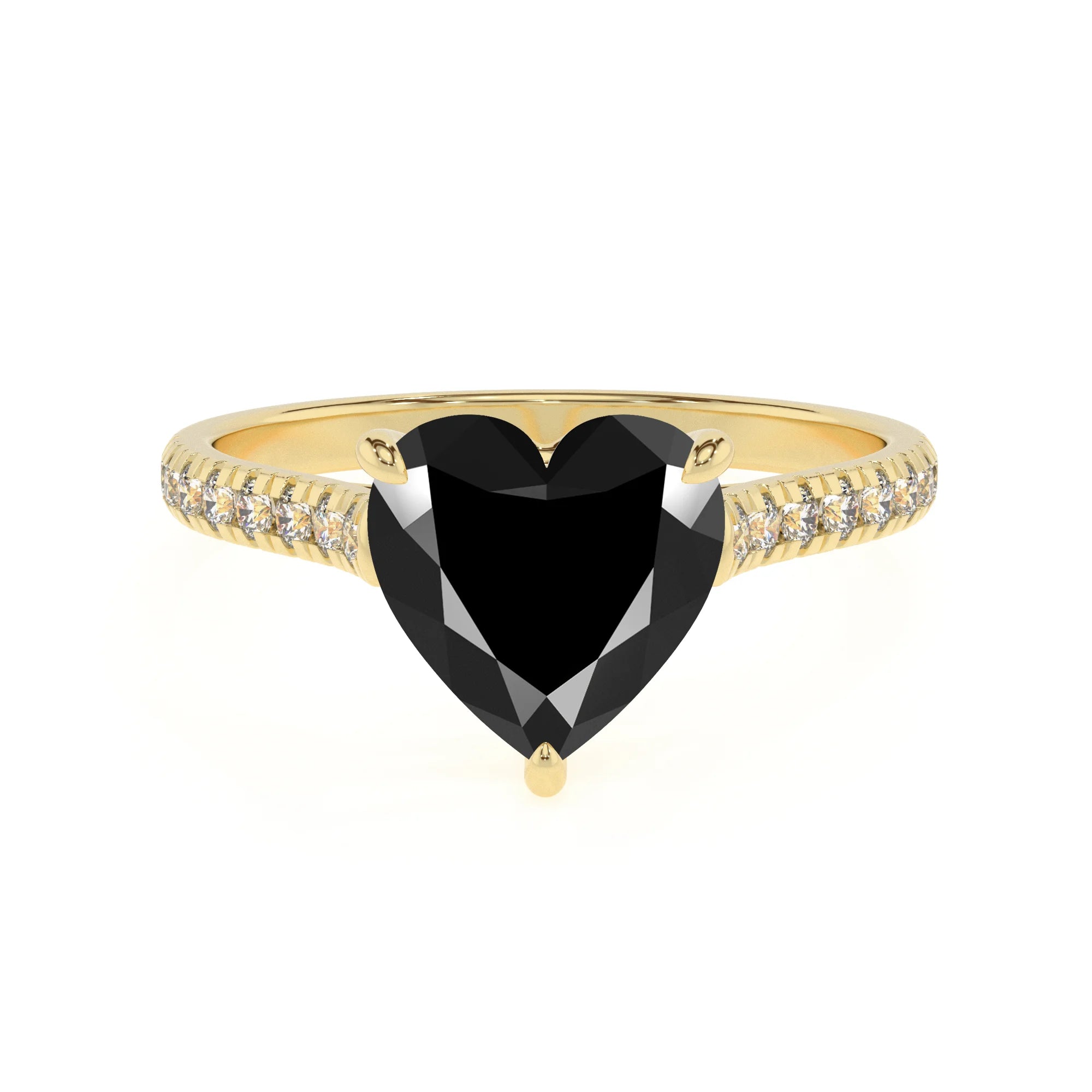 natural black-onyx heart half eternity solitaire engagement rings in yellow gold