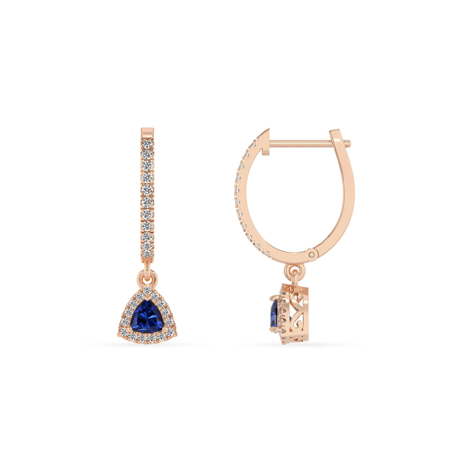 lab grown blue sapphire trillion drop earrings in rose gold
