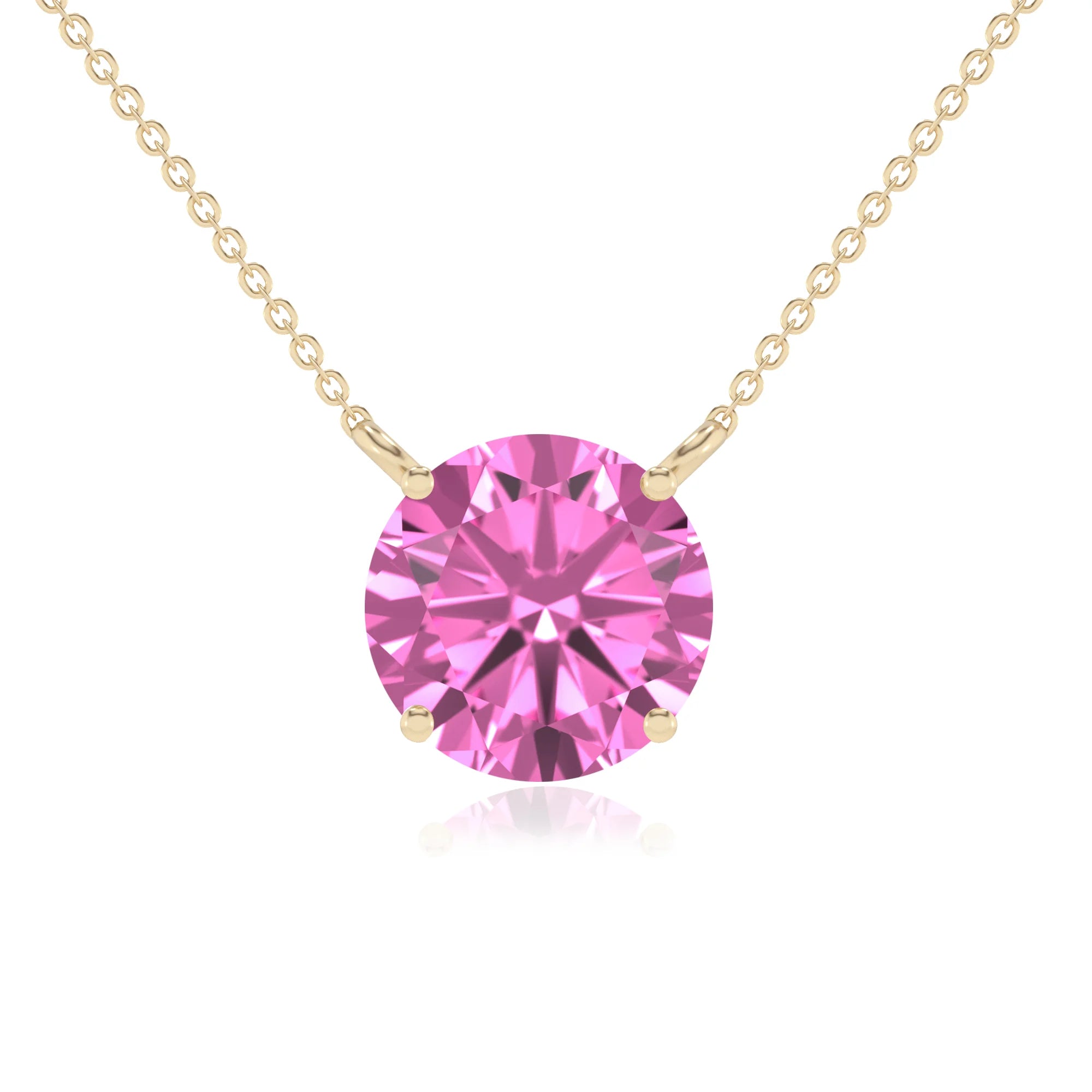 lab grown pink-sapphire round solitaire necklaces in yellow gold