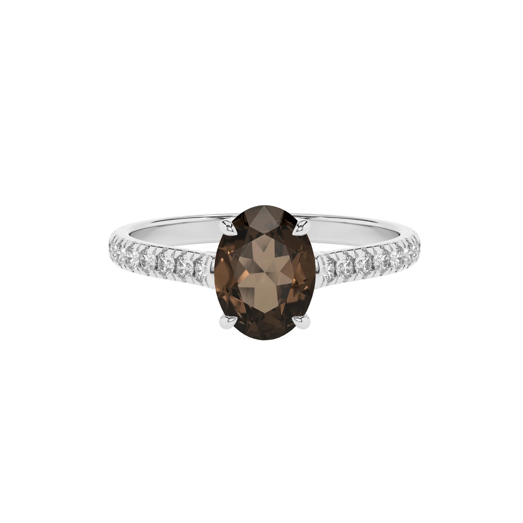 natural smoky-quartz oval half eternity solitaire engagement rings in white gold