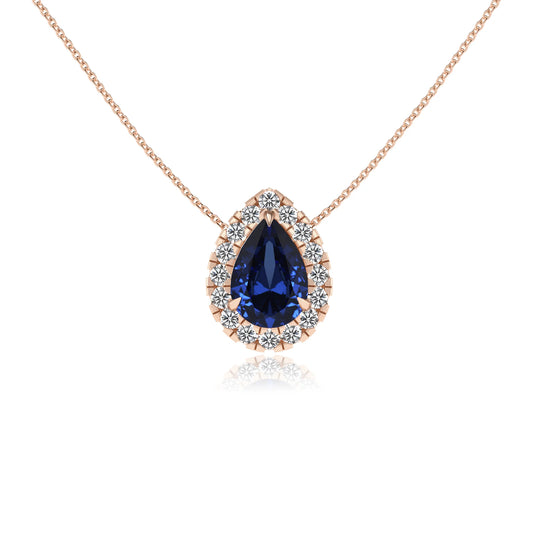 lab grown blue sapphire pear solitaire necklaces in rose gold