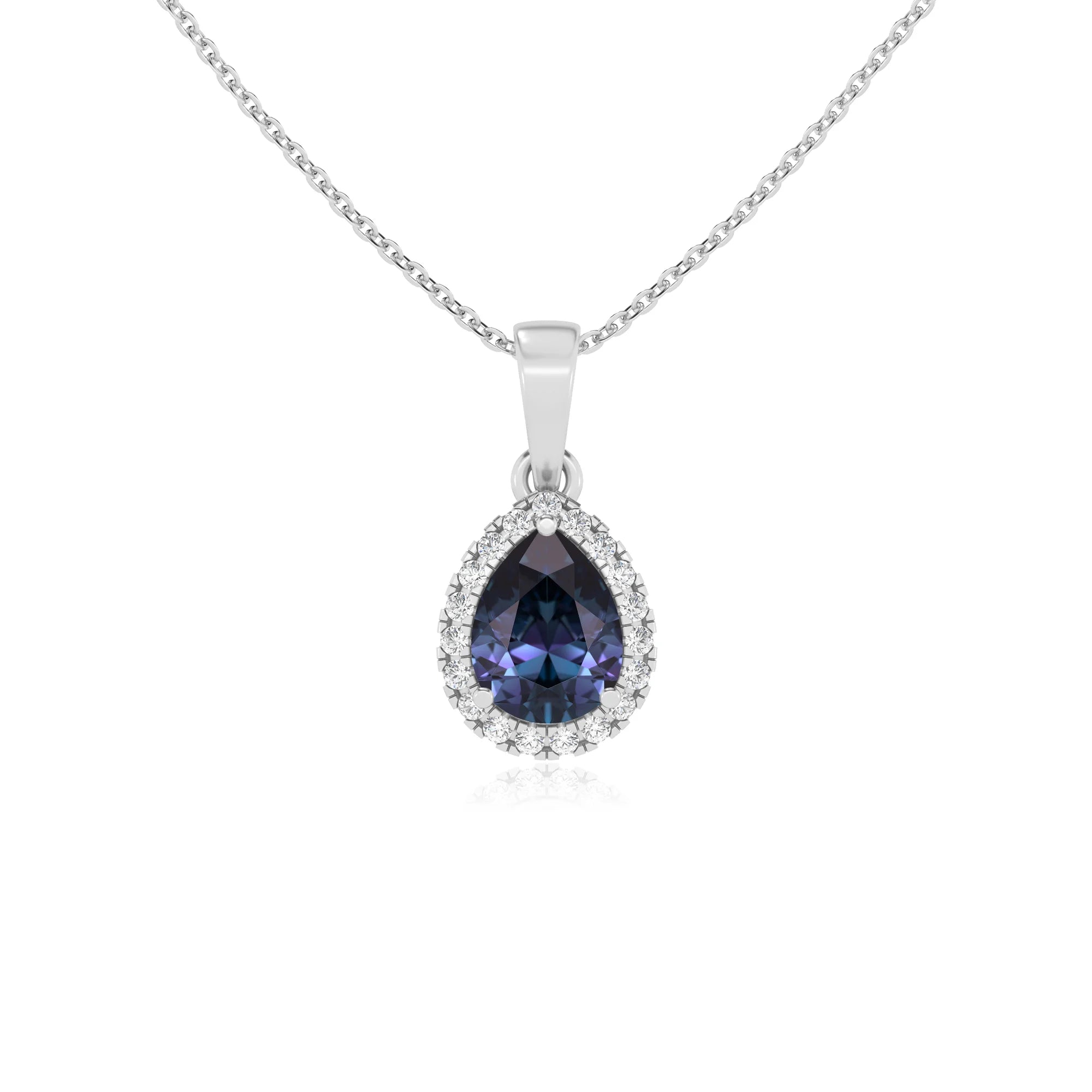 lab grown alexandrite pear solitaire necklaces in platinum