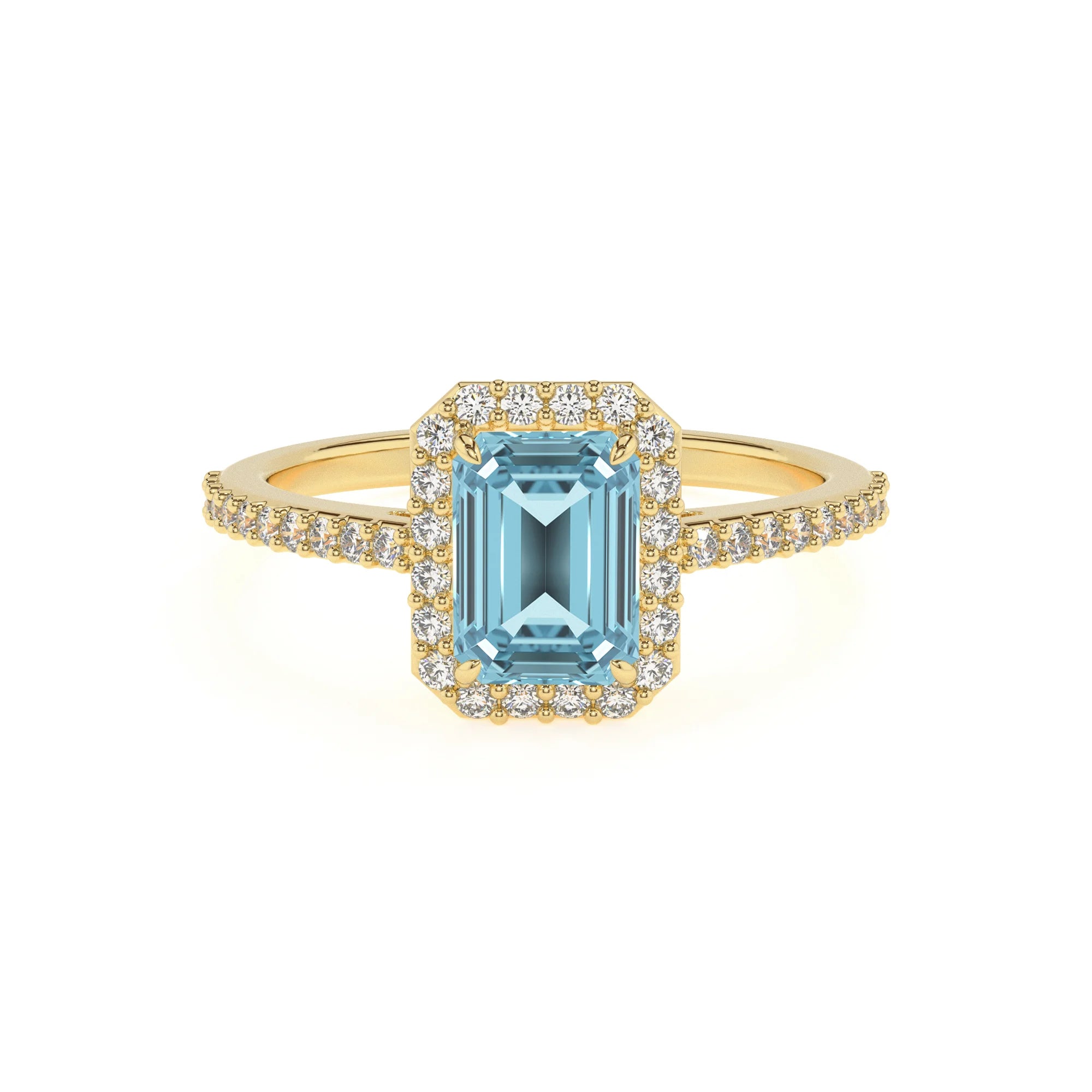 lab grown aquamarine emerald cut solitaire rings in yellow gold