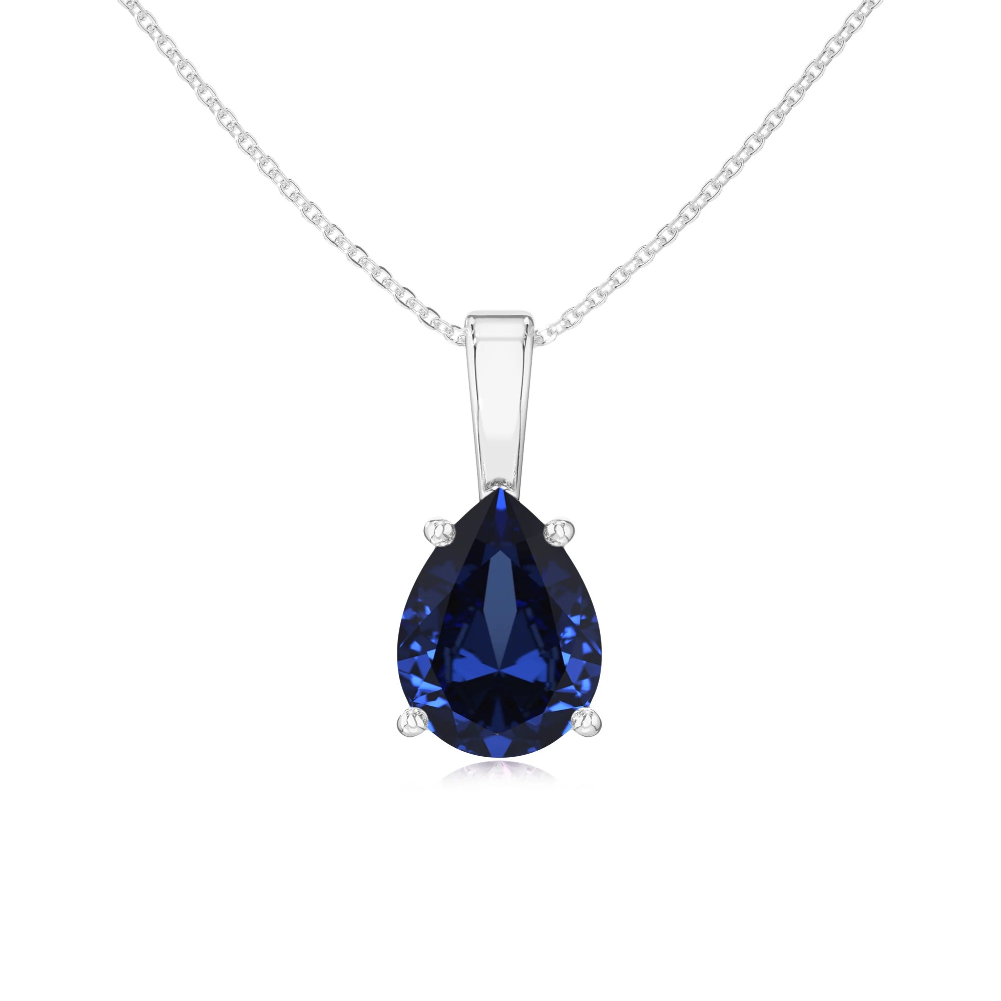 lab grown blue-sapphire pear solitaire necklaces in platinum