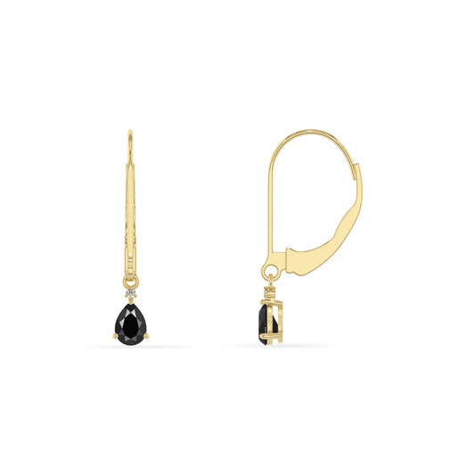 natural black onyx pear drop earrings in yellow gold