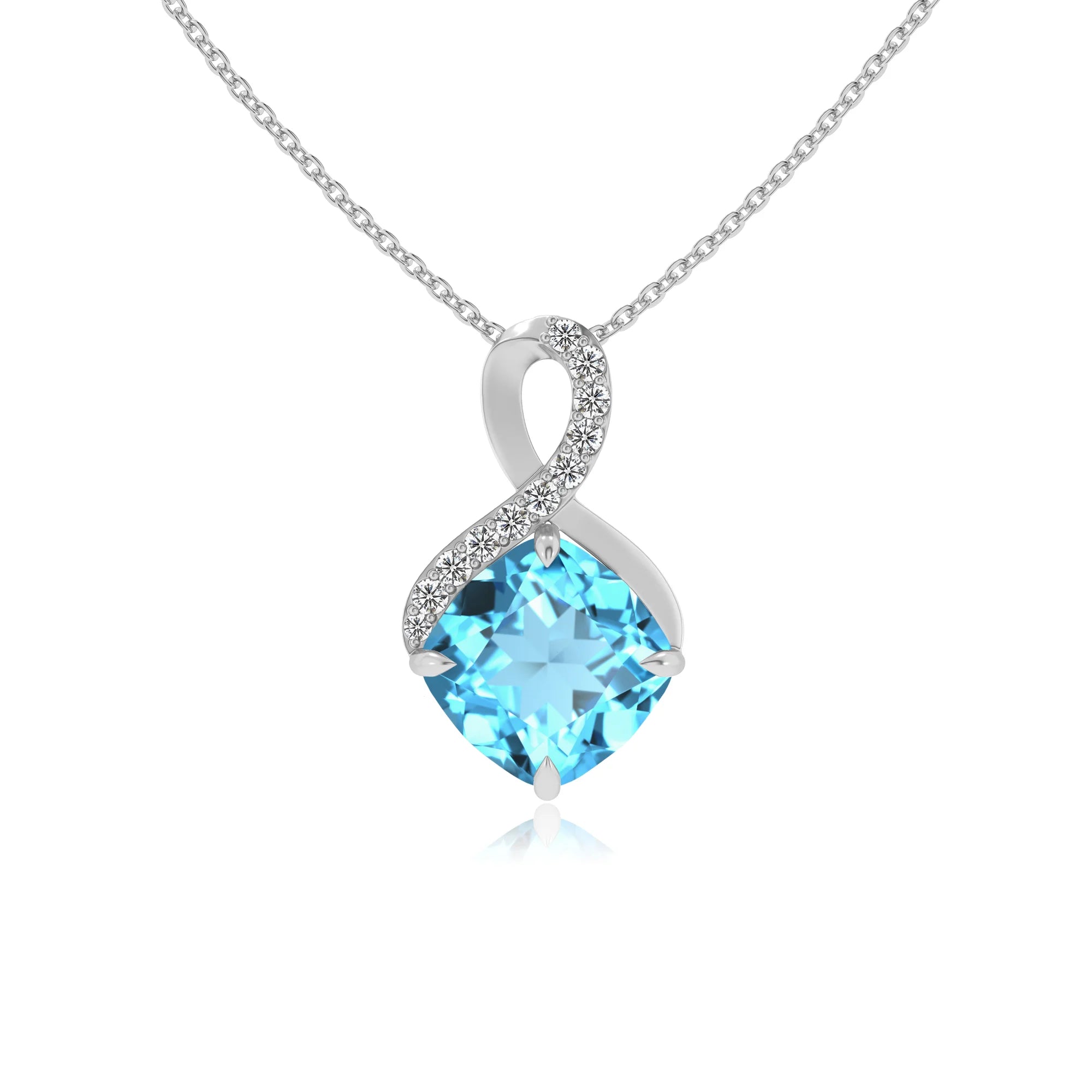 natural swiss-blue-topaz cushion infinity necklaces in platinum