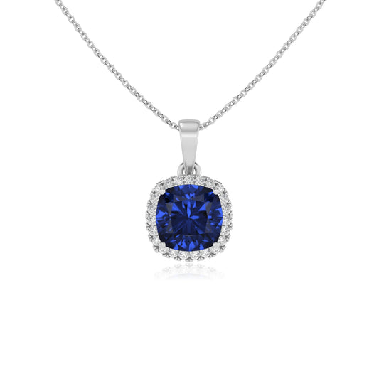 lab grown blue-sapphire cushion solitaire necklaces in platinum