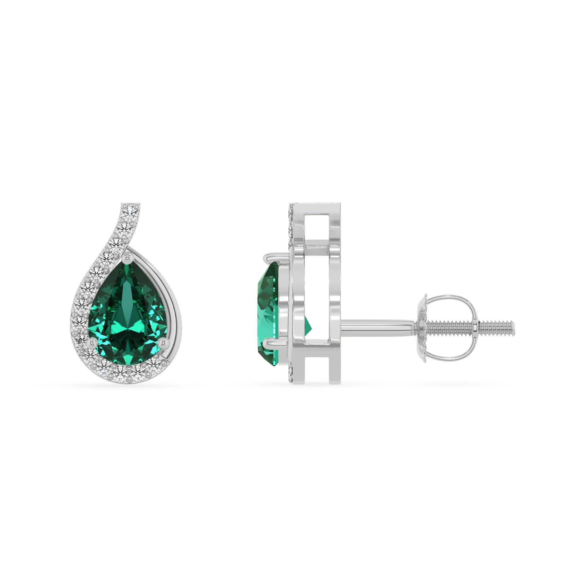 lab grown emerald pear stud earrings in white gold