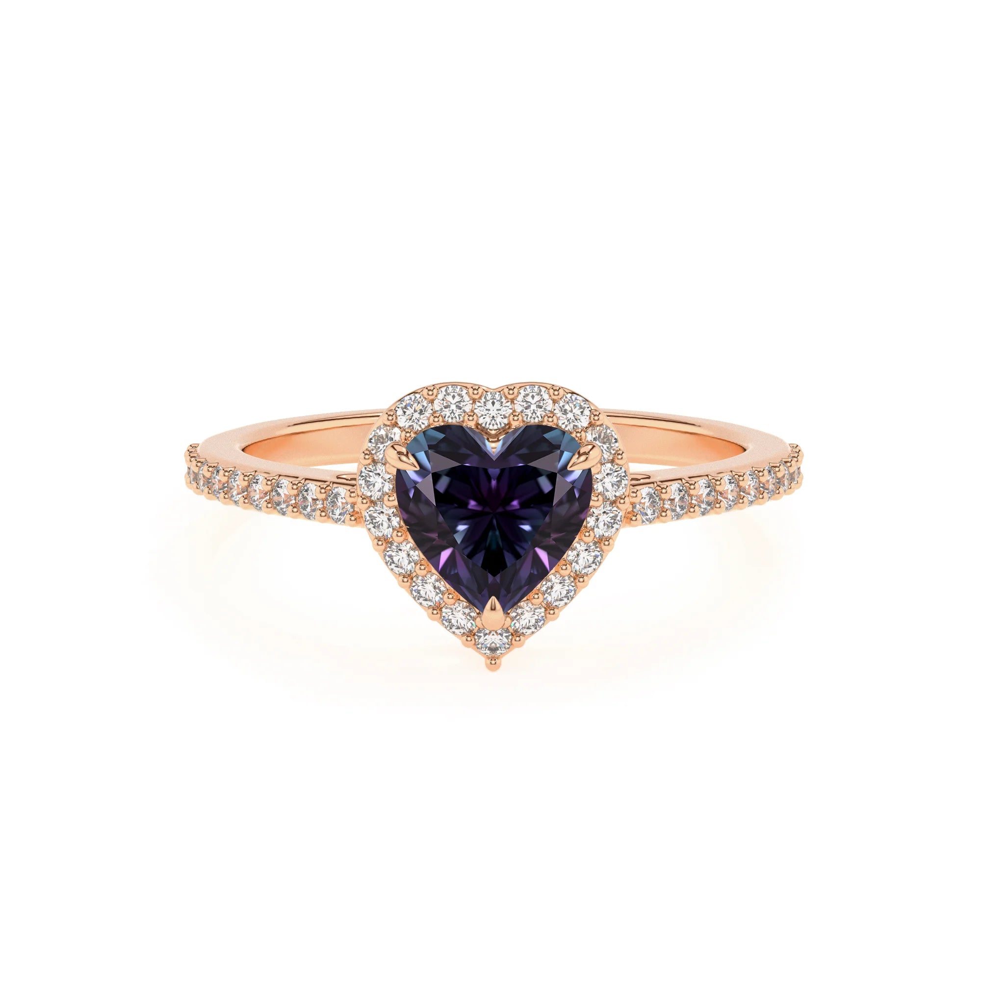 lab grown alexandrite heart solitaire rings in rose gold