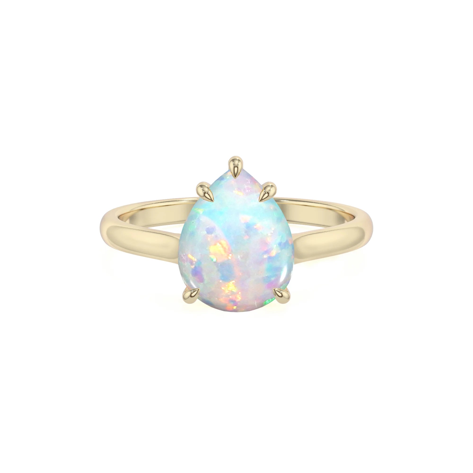 lab grown opal pear solitaire rings in yellow gold