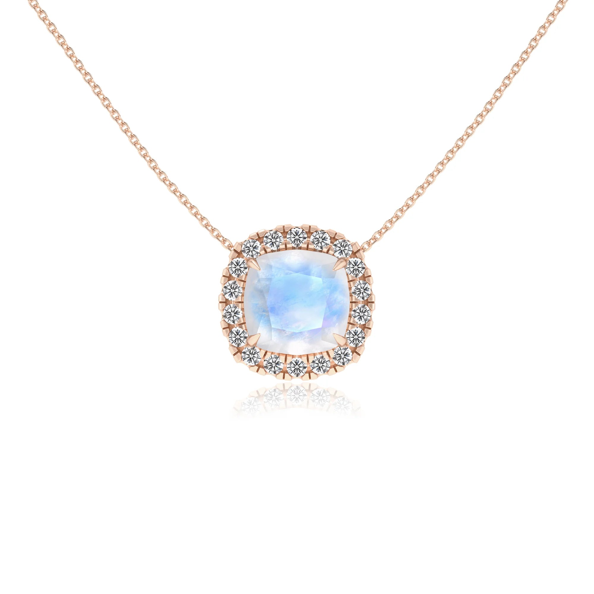 natural rainbow moonstone cushion solitaire necklaces in rose gold