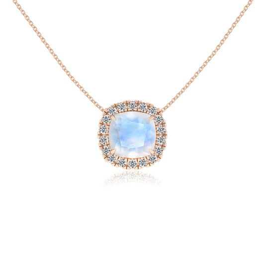 natural rainbow moonstone cushion solitaire necklaces in rose gold
