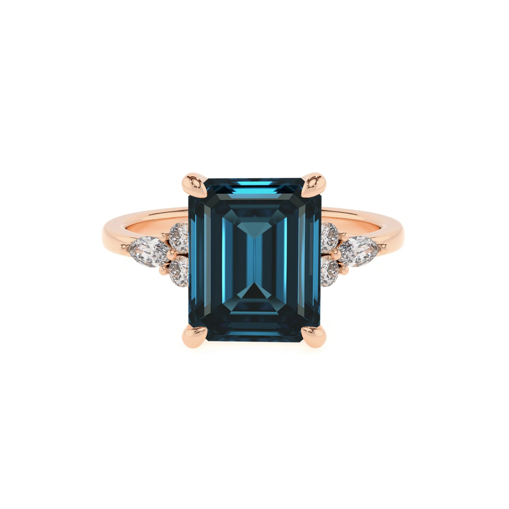 natural london-blue-topaz emerald cut solitaire rings in rose gold