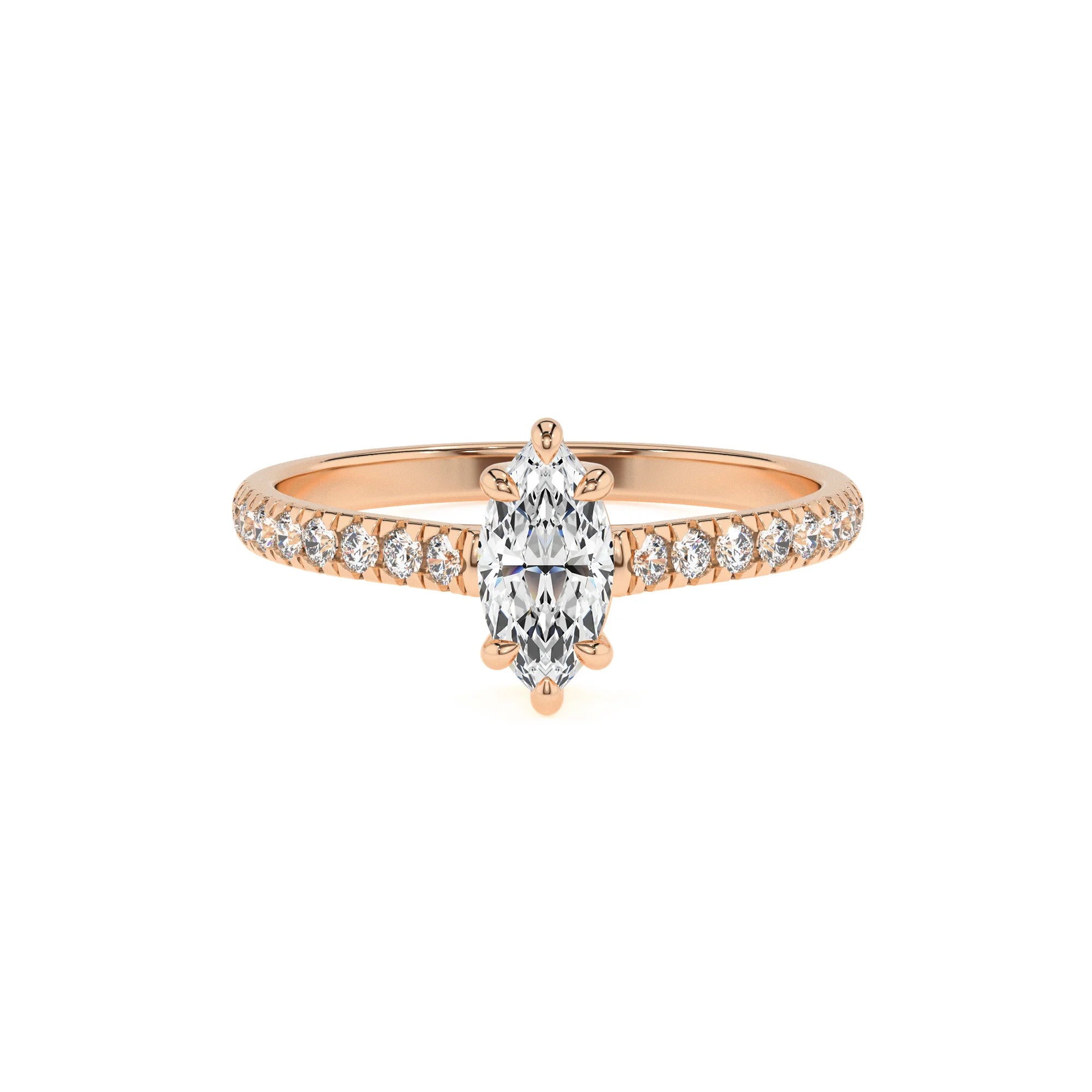 lab grown moissanite marquise half eternity solitaire engagement rings in rose gold