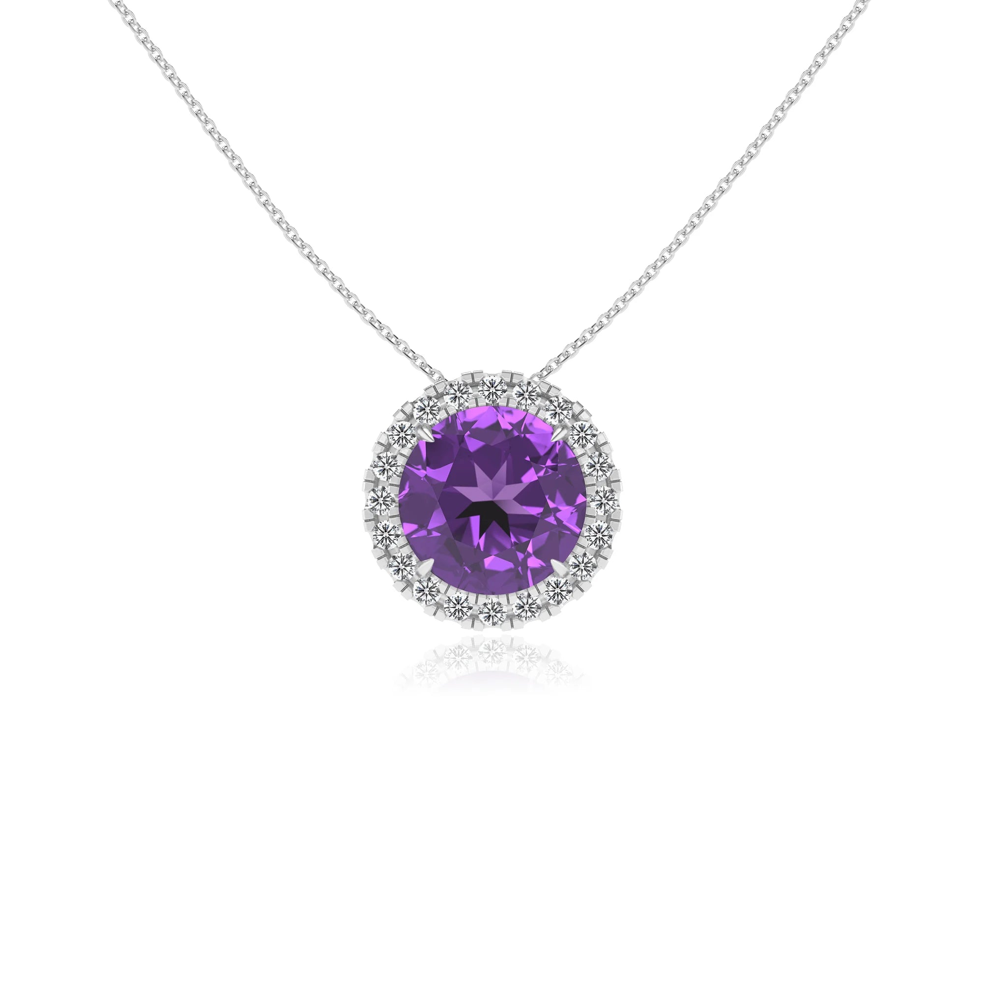 lab grown amethyst round solitaire necklaces in platinum