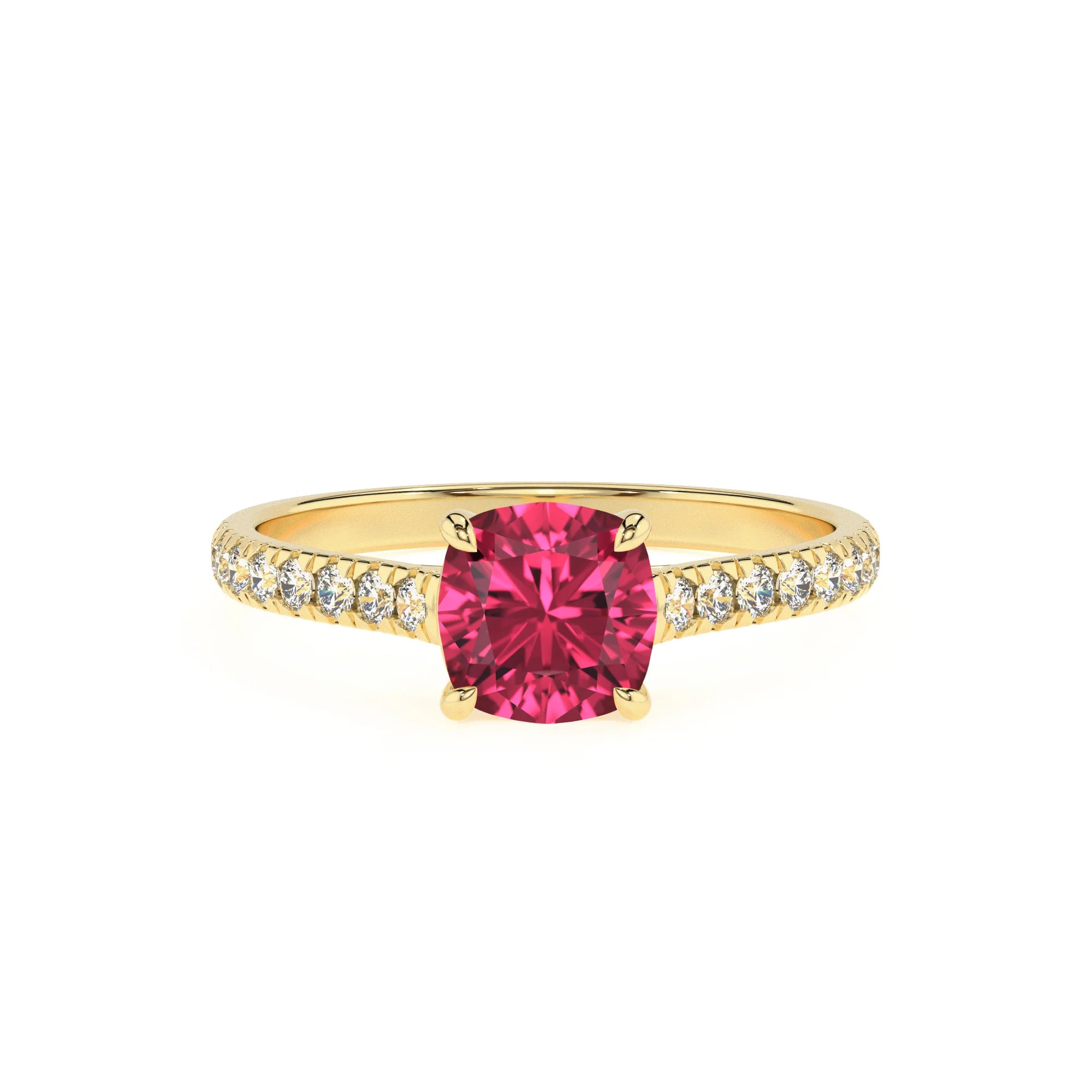 lab grown pink-tourmaline cushion half eternity solitaire engagement rings in yellow gold