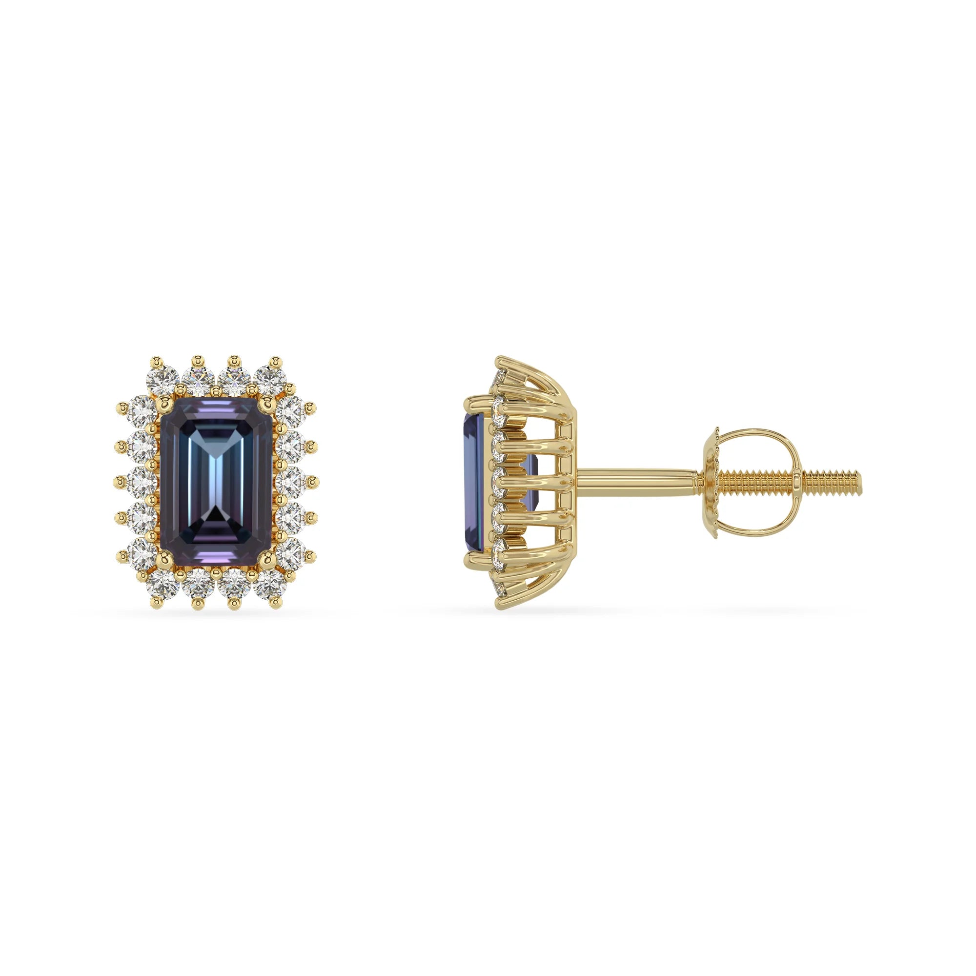 lab grown alexandrite emerald cut stud earrings in yellow gold