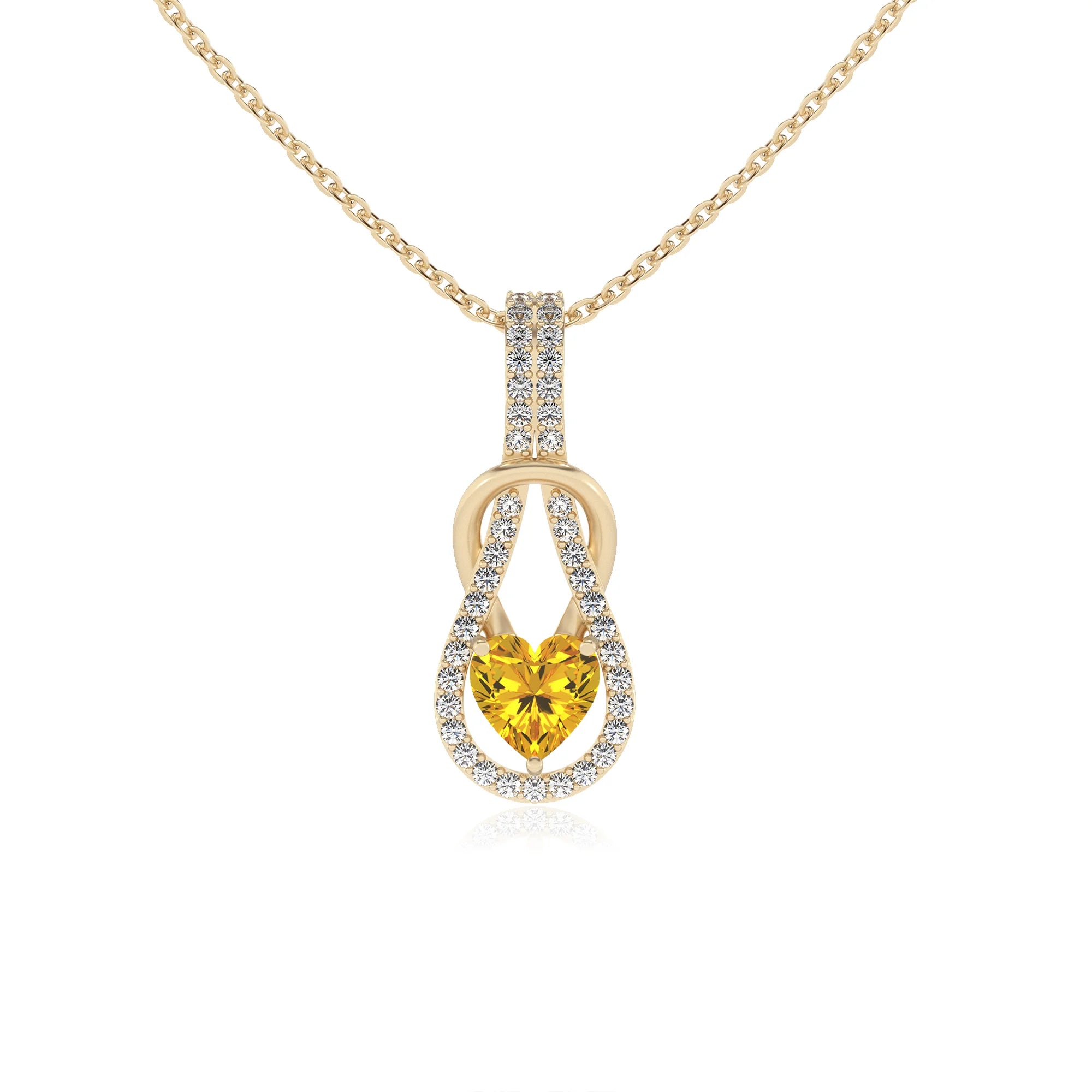 lab grown yellow-sapphire heart infinity v-bale necklaces in yellow gold
