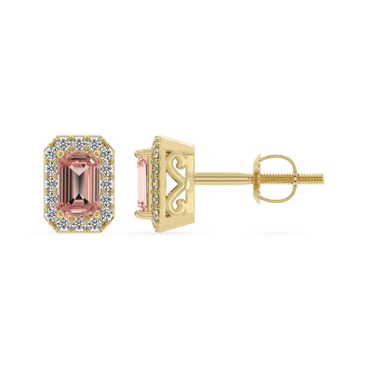 lab grown morganite emerald cut stud earrings in yellow gold
