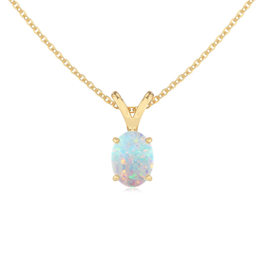 lab grown opal oval solitaire v-bale necklaces in yellow gold
