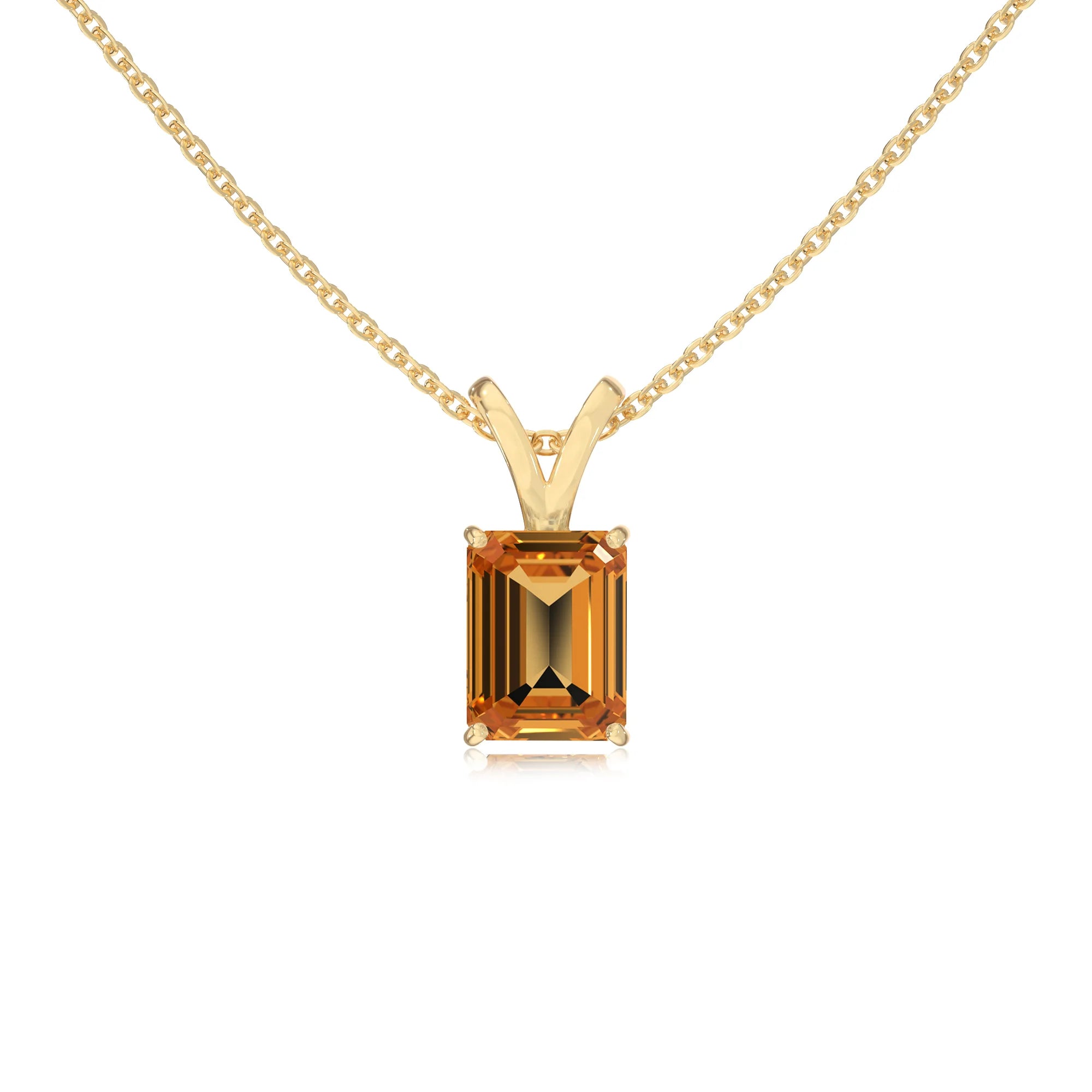 lab grown citrine emerald cut solitaire v-bale necklaces in yellow gold