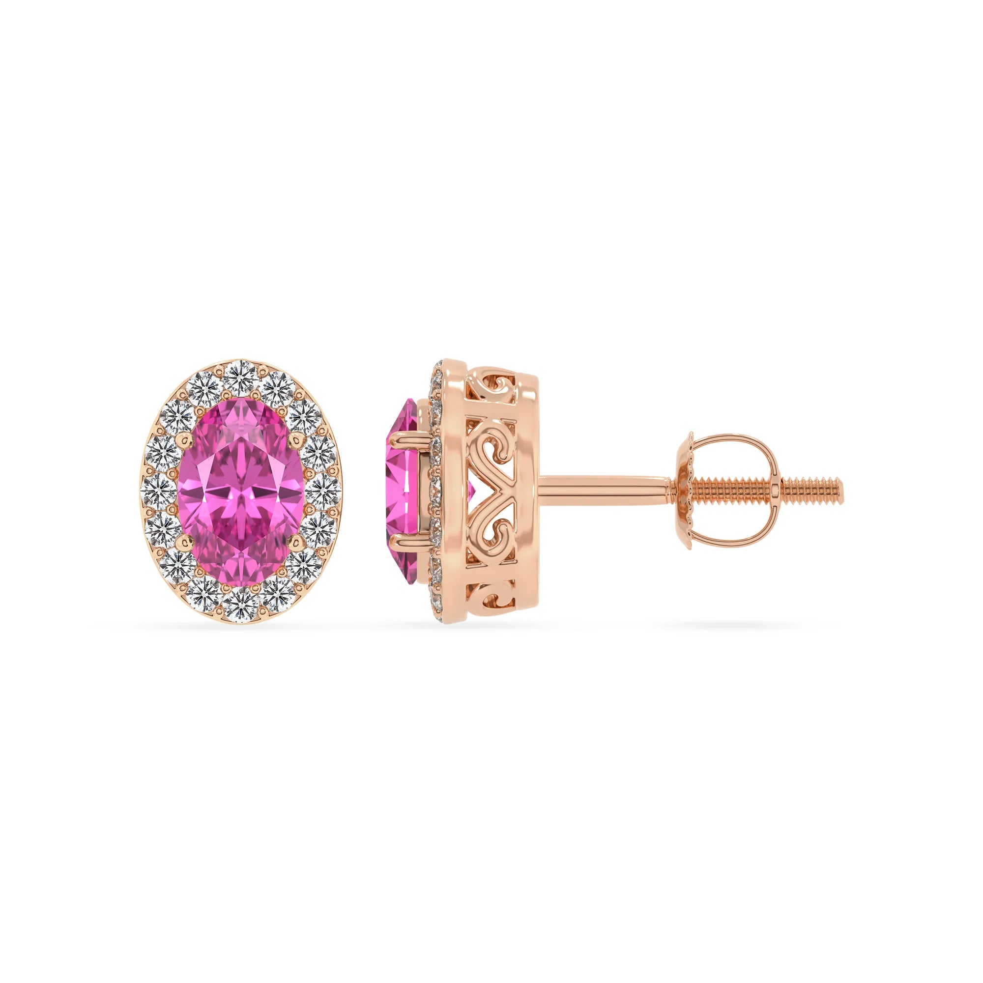 lab grown pink sapphire oval stud earrings in rose gold