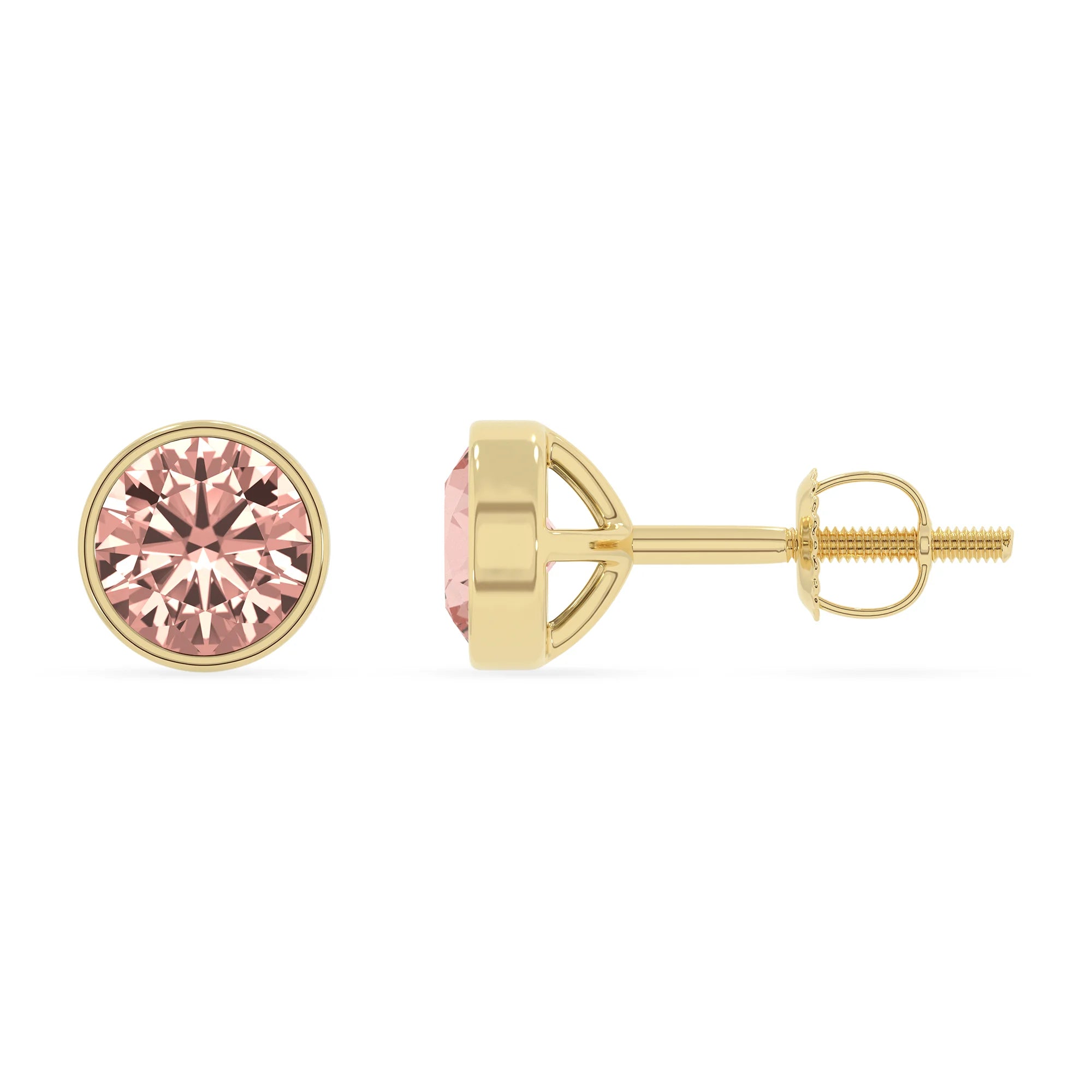 lab grown morganite round stud earrings in yellow gold