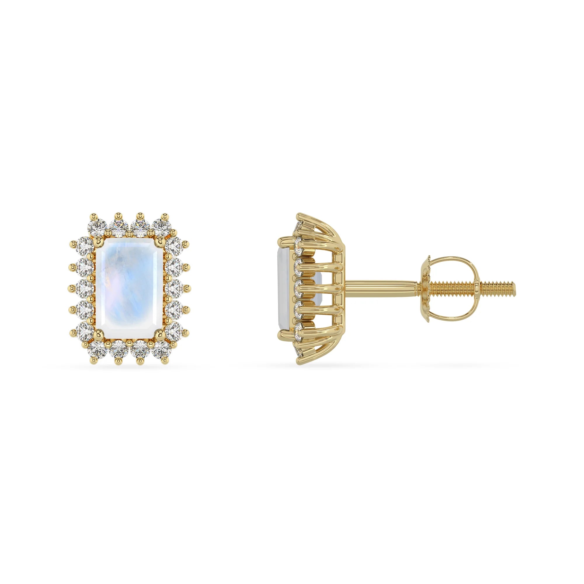 natural rainbow moonstone emerald cut stud earrings in yellow gold