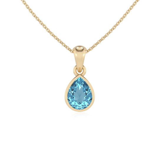 natural swiss-blue-topaz pear solitaire necklaces in yellow gold