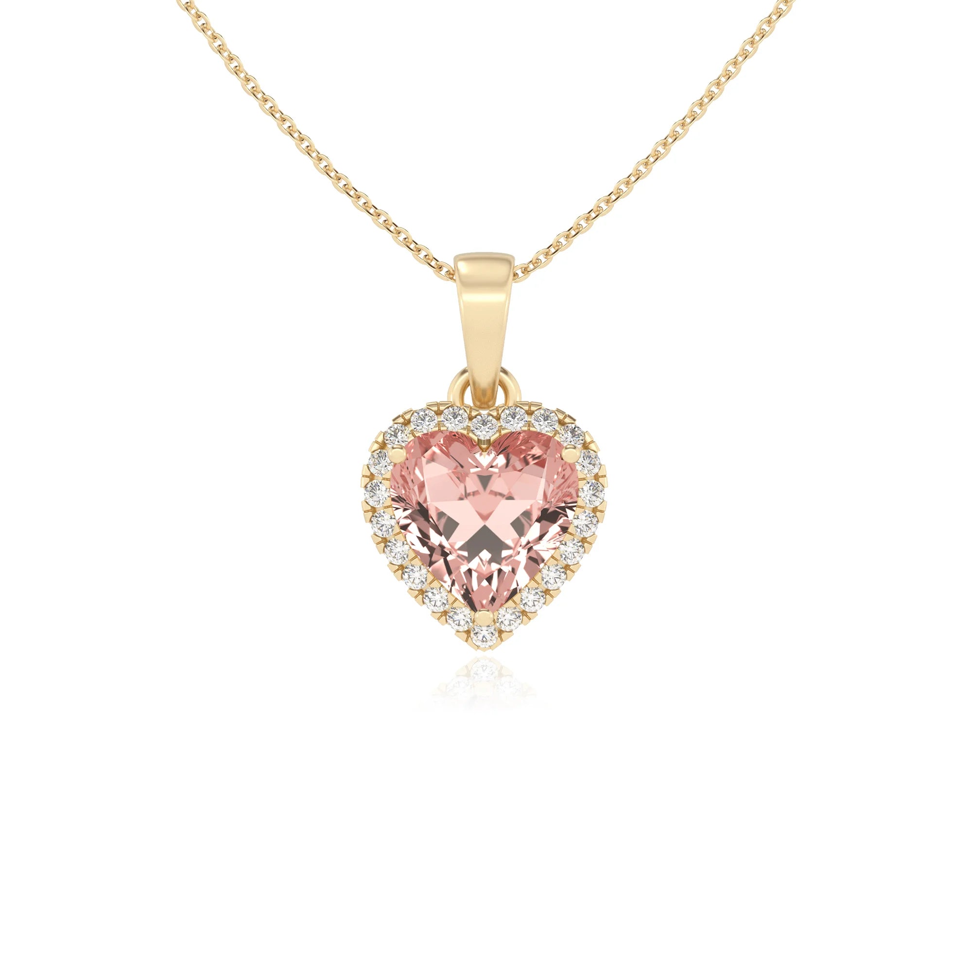 lab grown morganite heart solitaire necklaces in yellow gold