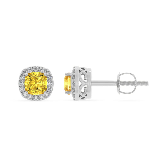 lab grown yellow sapphire cushion stud earrings in platinum