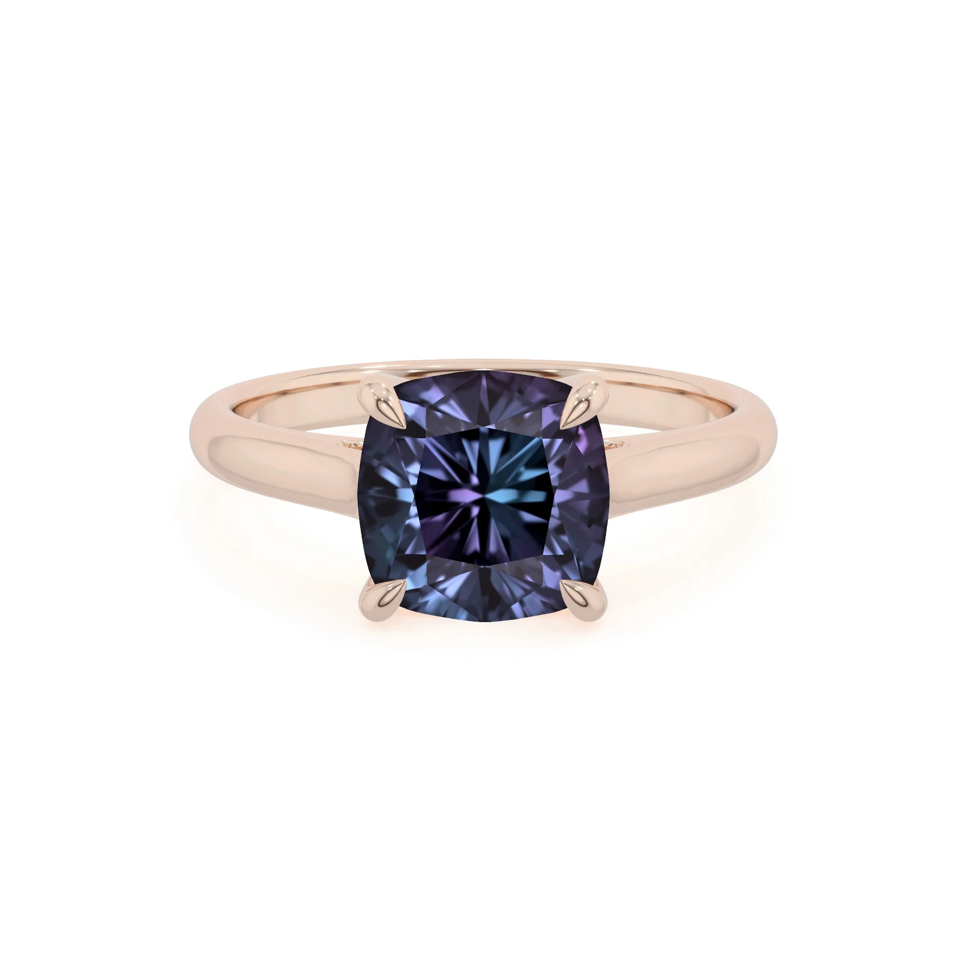 lab grown alexandrite cushion solitaire rings in rose gold