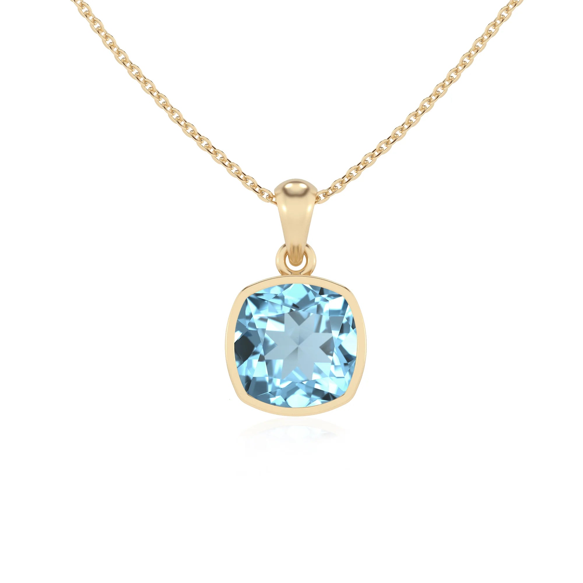 lab grown aquamarine cushion solitaire necklaces in yellow gold