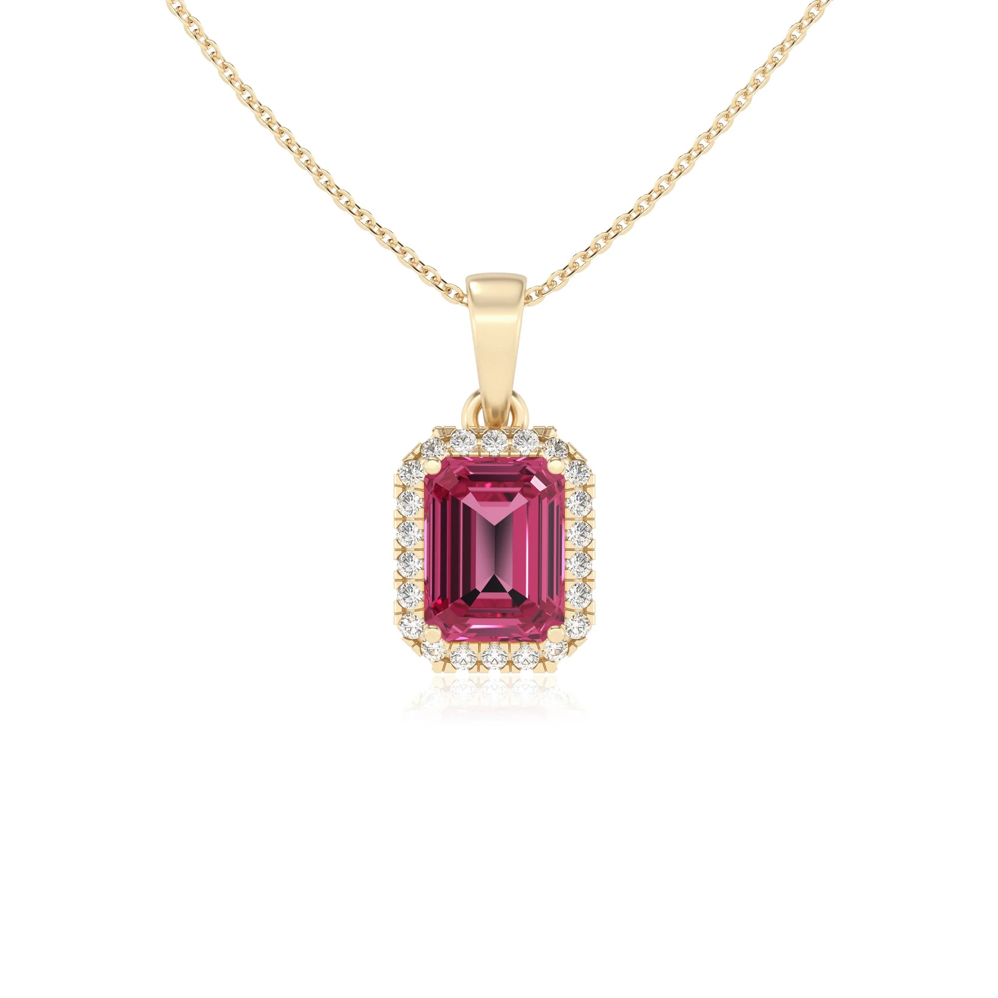 lab grown pink-tourmaline emerald cut solitaire necklaces in yellow gold