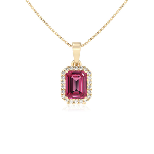 lab grown pink-tourmaline emerald cut solitaire necklaces in yellow gold