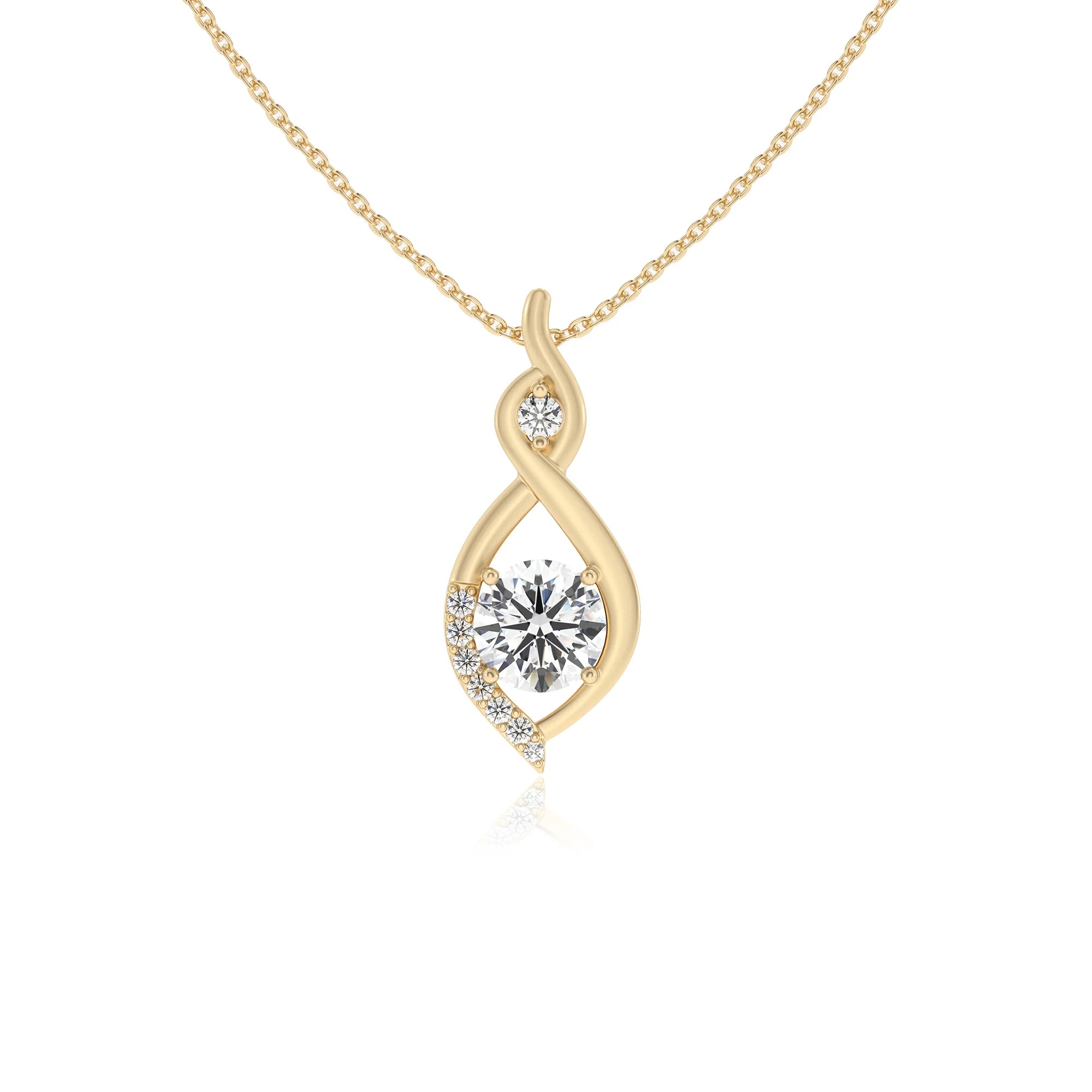 lab grown moissanite round solitaire necklaces in yellow gold