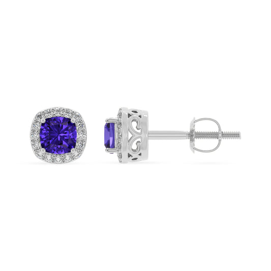 lab grown tanzanite cushion stud earrings in platinum