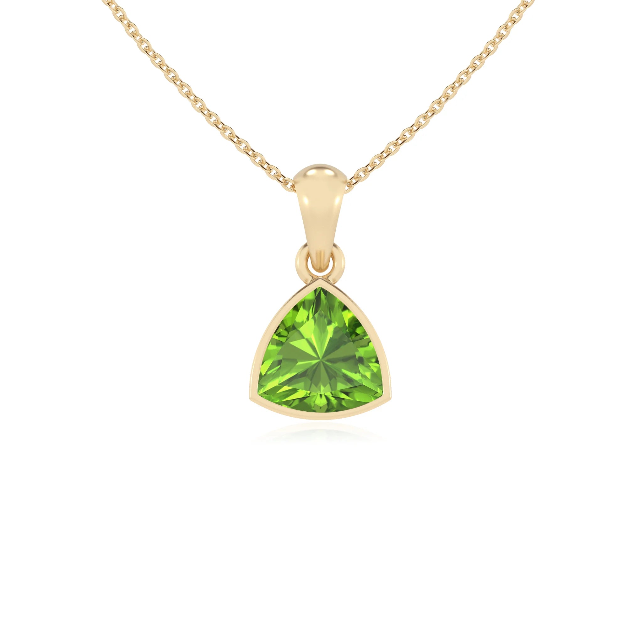 natural peridot trillion solitaire necklaces in yellow gold