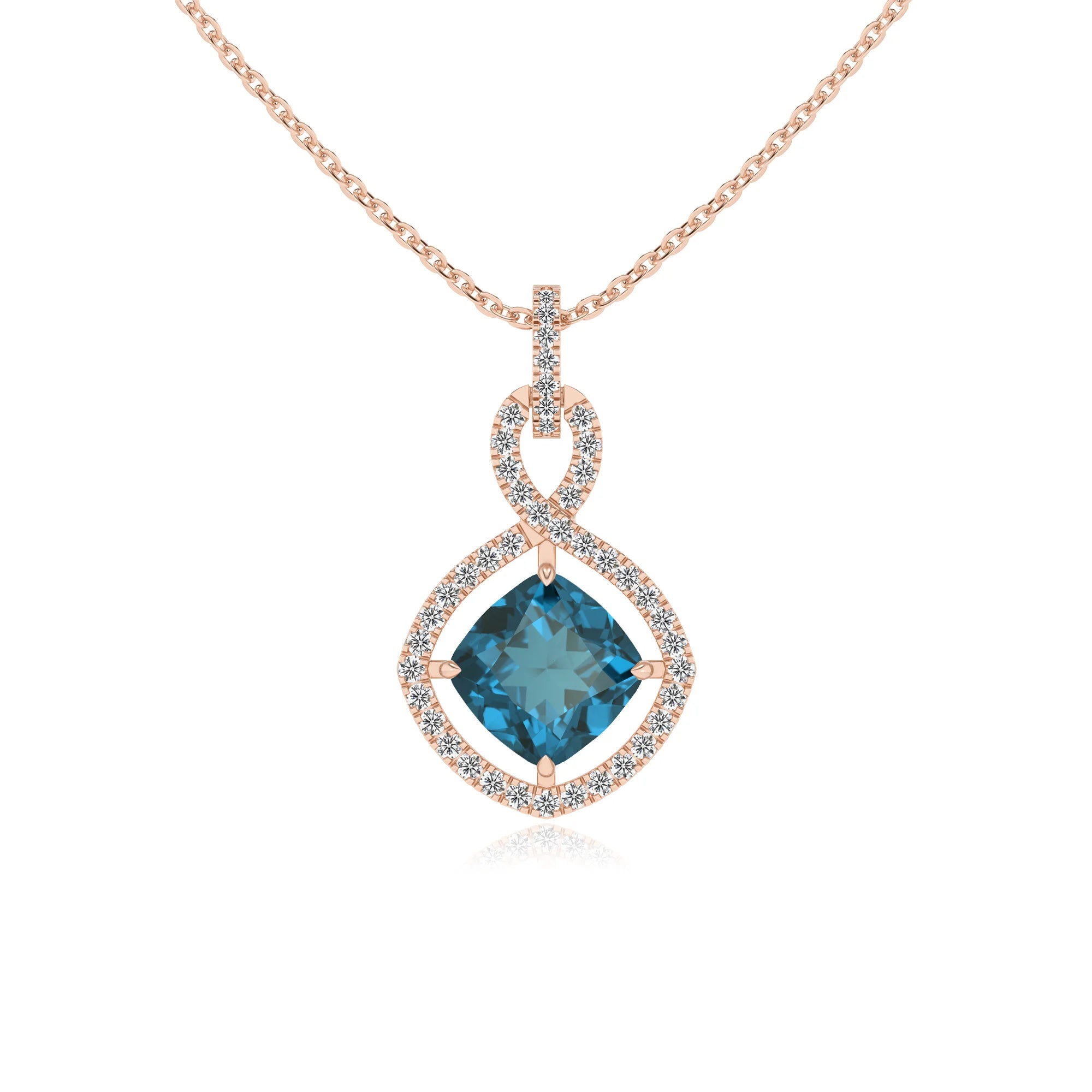 natural london-blue-topaz cushion infinity necklaces in rose gold
