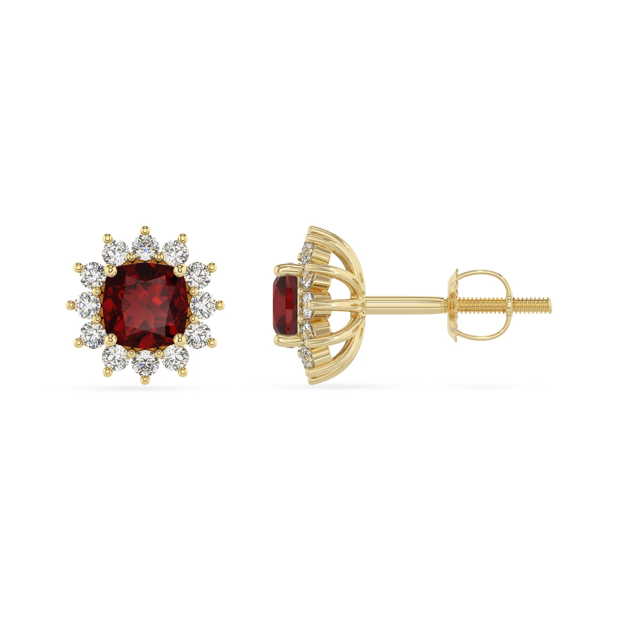 natural garnet cushion stud earrings in yellow gold