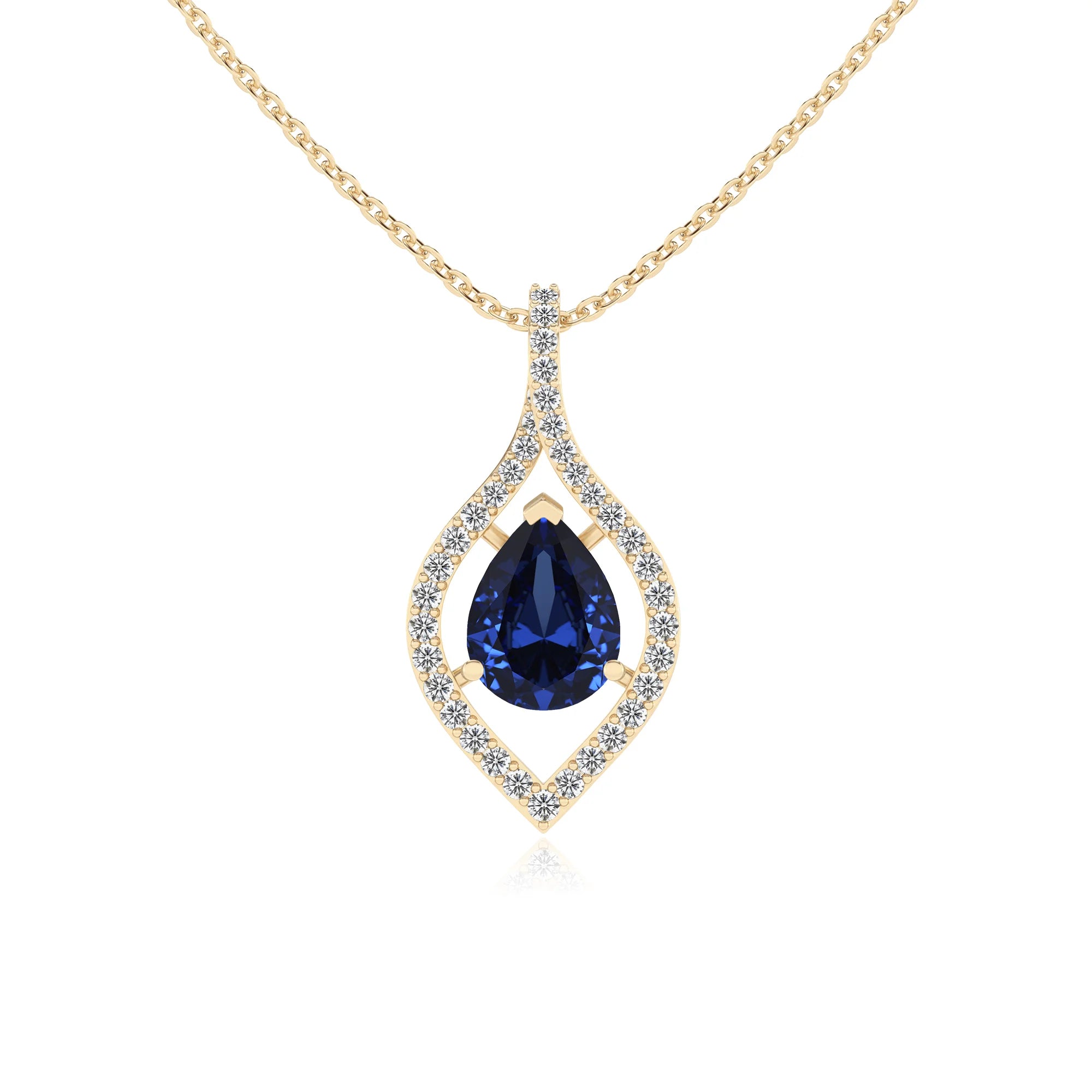 lab grown blue-sapphire pear infinity necklaces in yellow gold