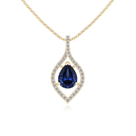 lab grown blue-sapphire pear infinity necklaces in yellow gold