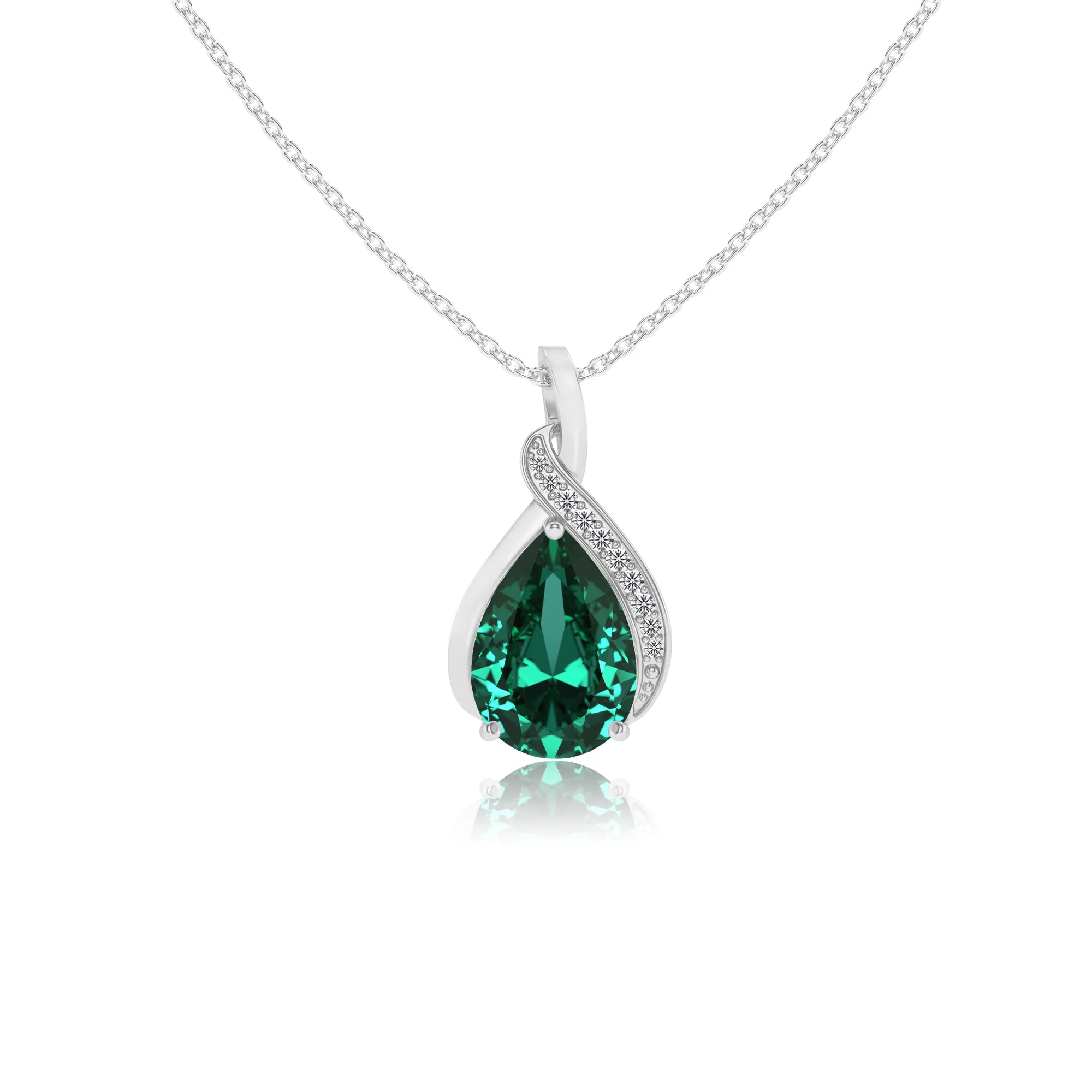 lab grown emerald pear solitaire necklaces in white gold