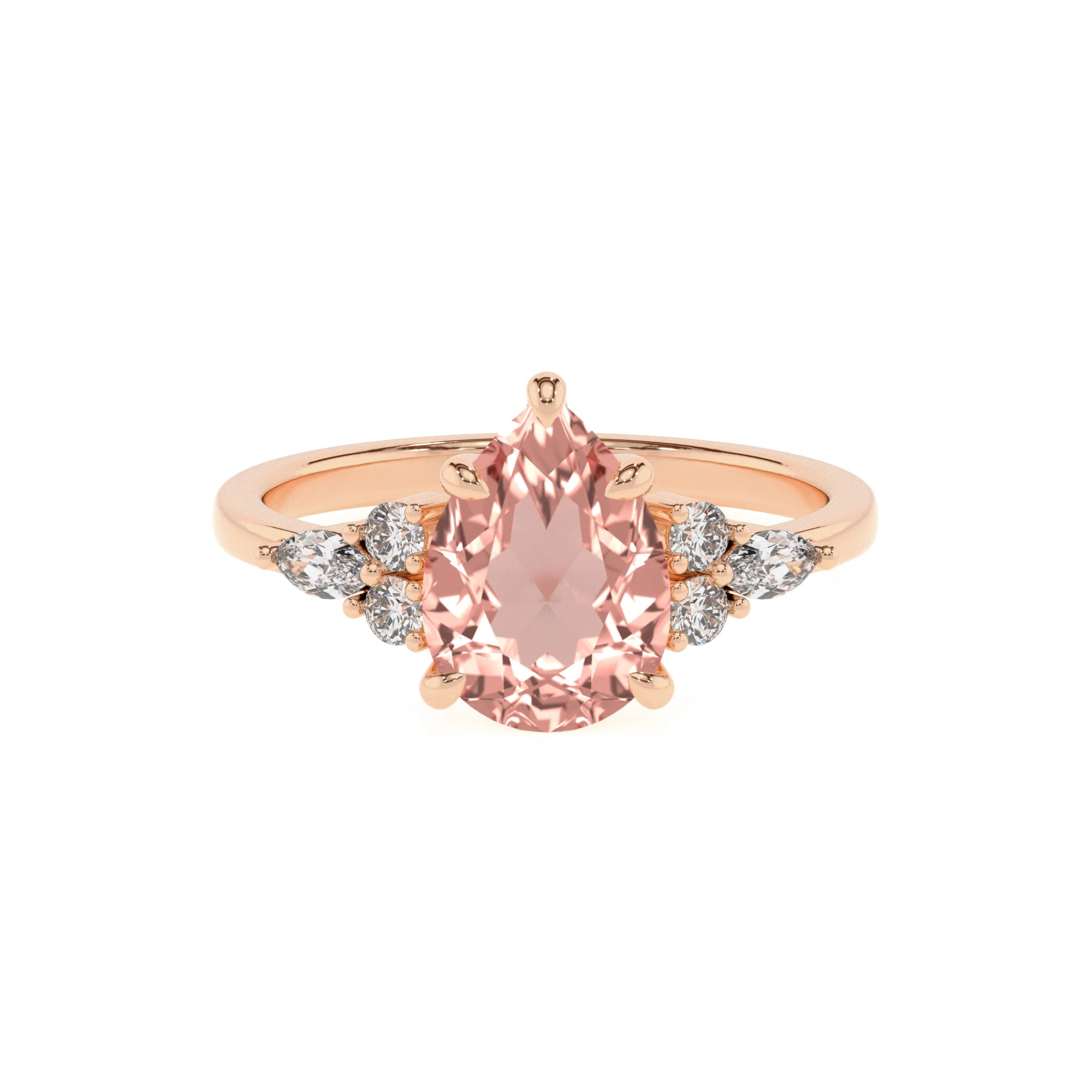 lab grown morganite pear solitaire rings in rose gold