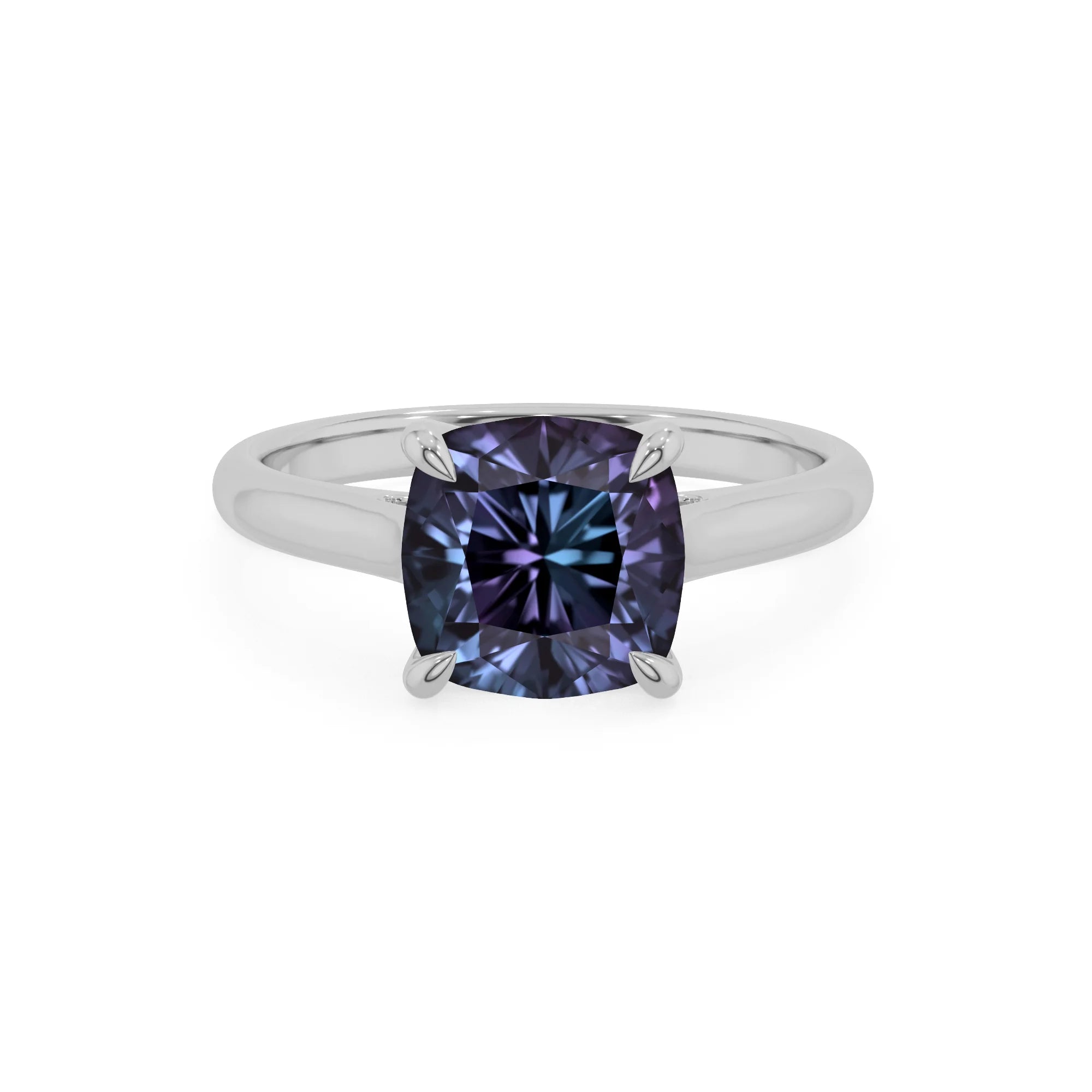 lab grown alexandrite cushion solitaire rings in platinum