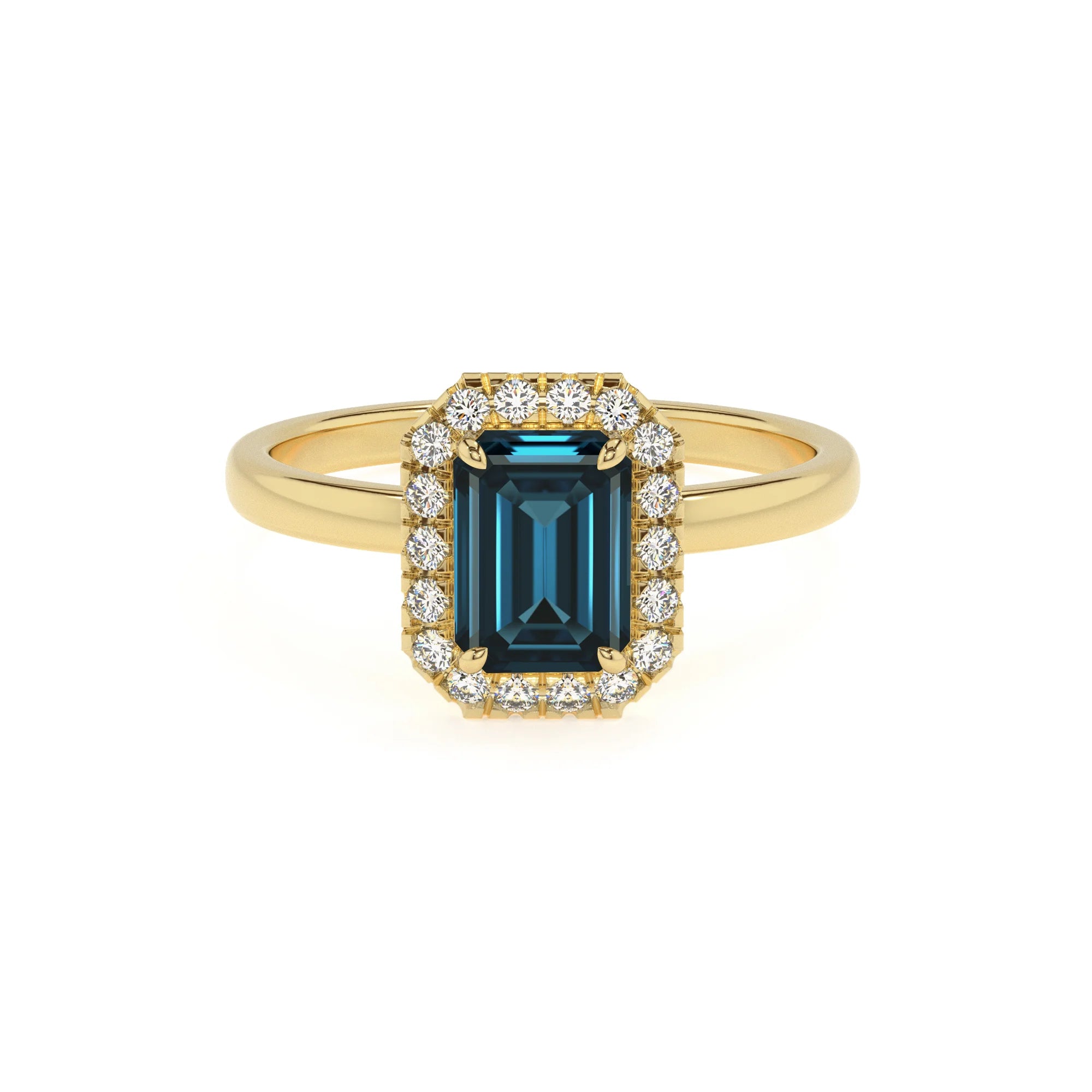 natural london-blue-topaz emerald cut solitaire rings in yellow gold