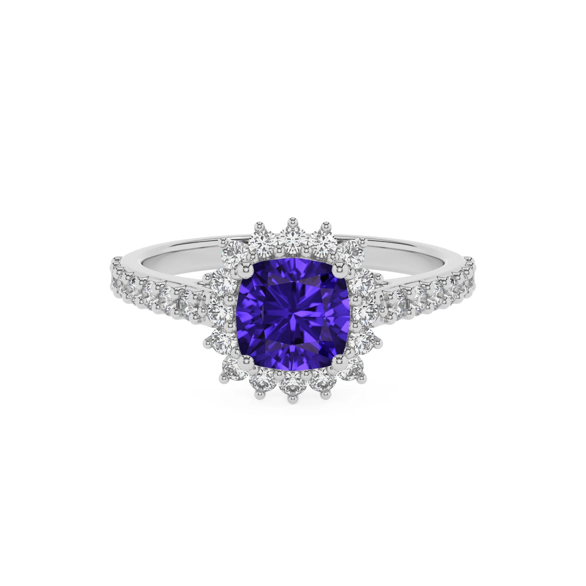 lab grown tanzanite cushion solitaire rings in white gold